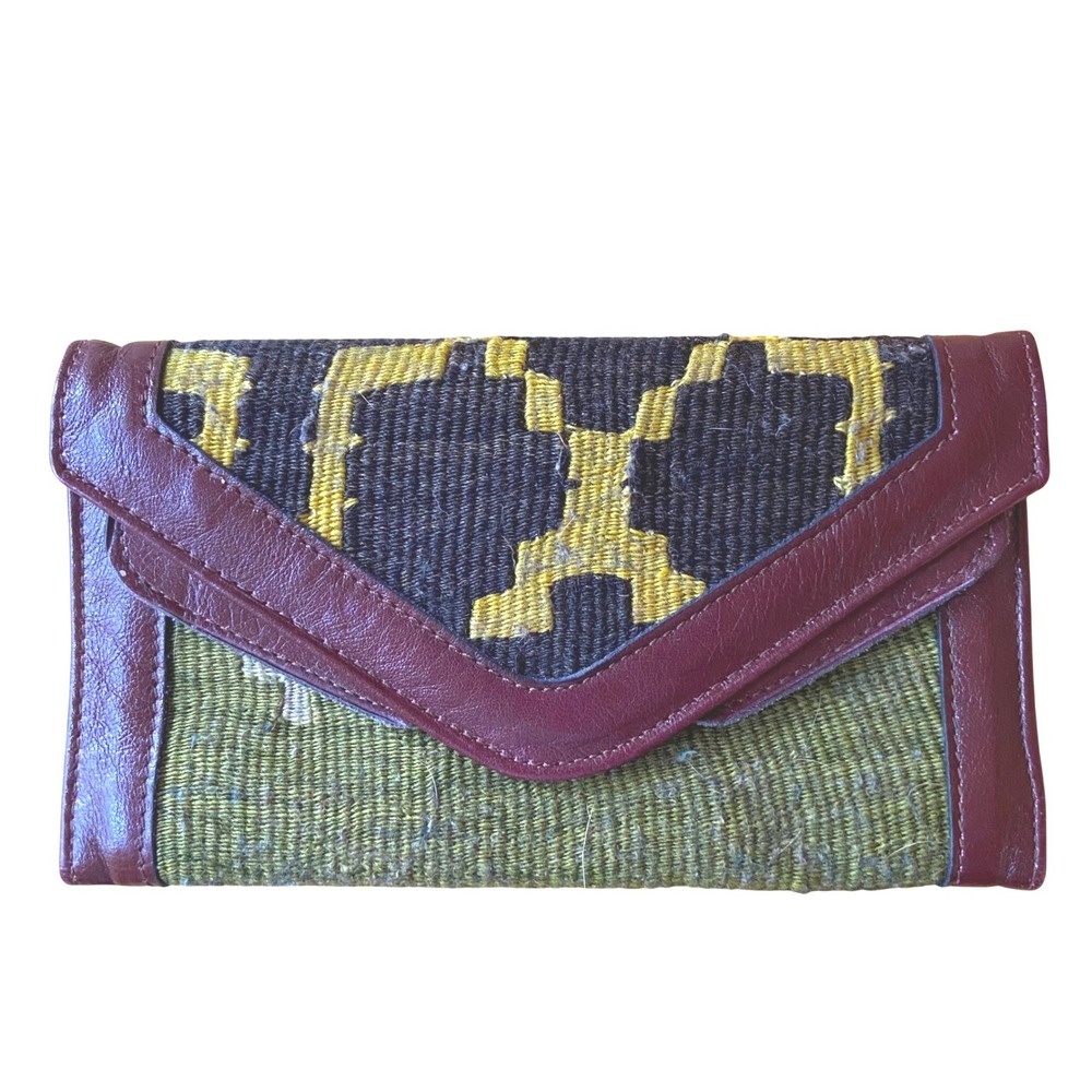 Womens Kilim Woven Leather Trifold Wallet Clutch Card Holder Burgundy Multi